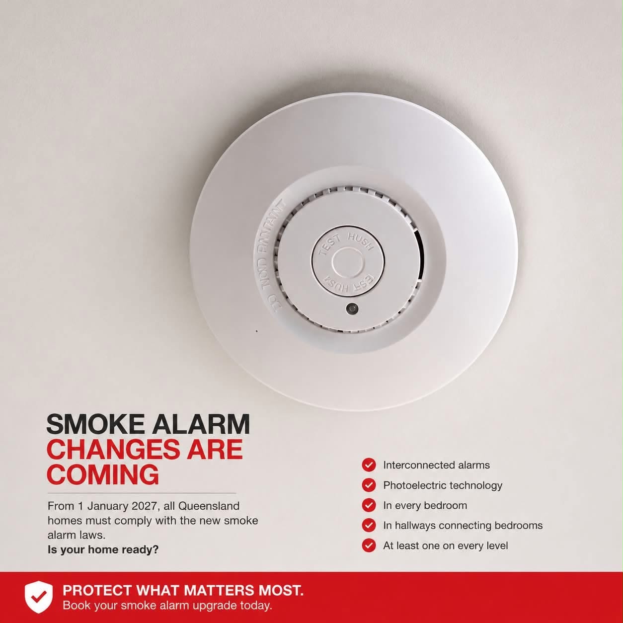 Photoelectric smoke alarm installed on a ceiling by Pip Electrics